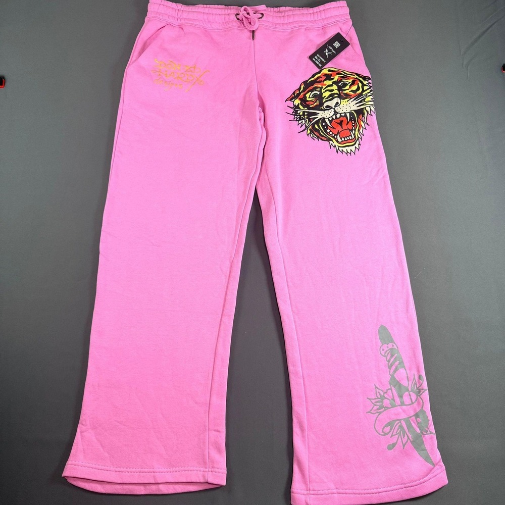Y2K Ed Hardy Wide-Leg Sweatpants EHW8200-24 Bubble Gum Pink XL Extra Large